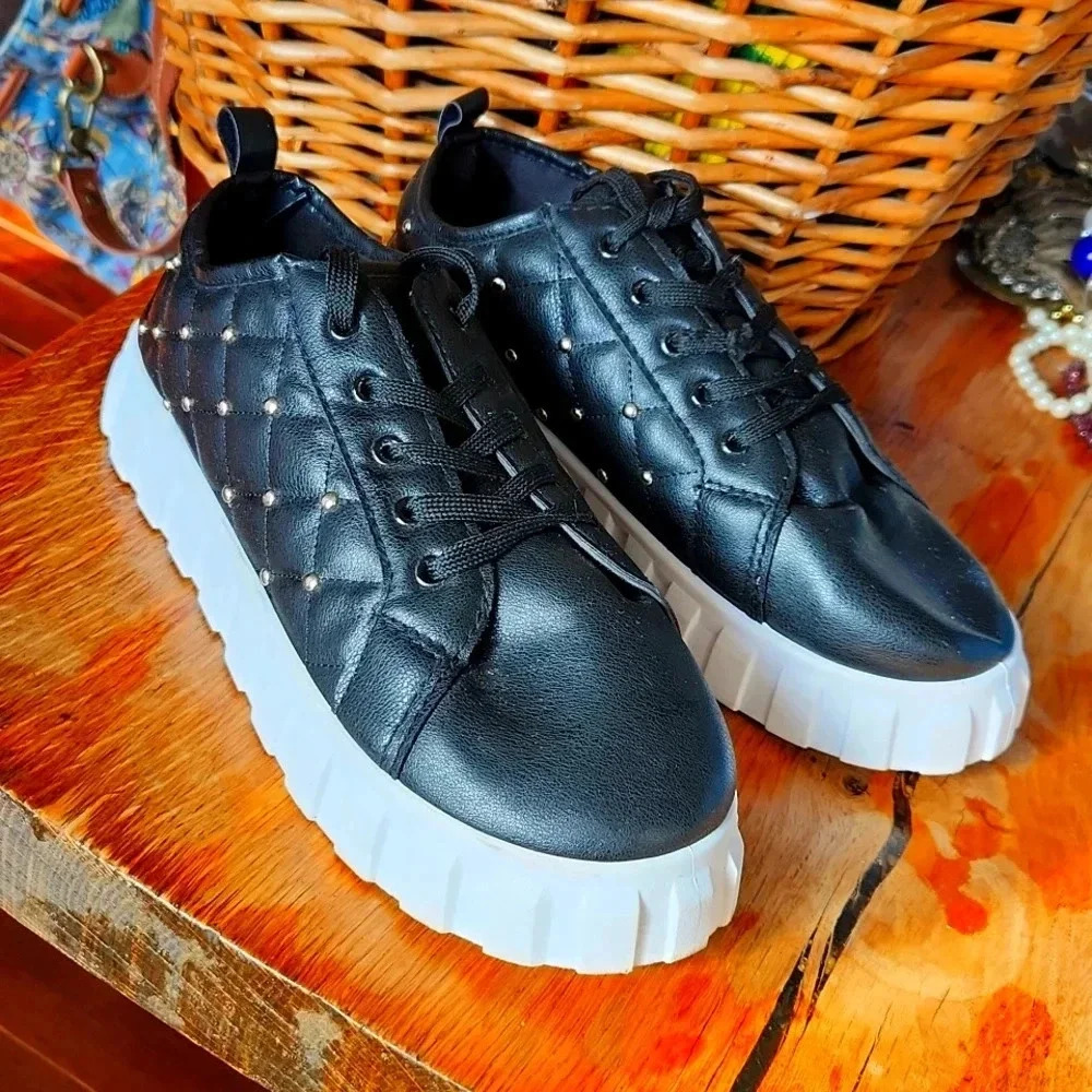 Quilted Embellished Sneakers sz 10 Black edgy punk‎